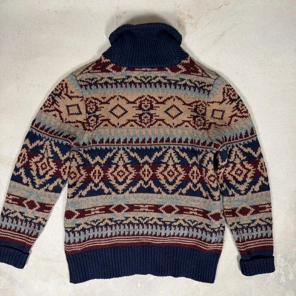 Schott Bros Mens M Wool Blend Shawl Collar Southwestern Fair Isle Sweater Navy - Picture 4 of 5